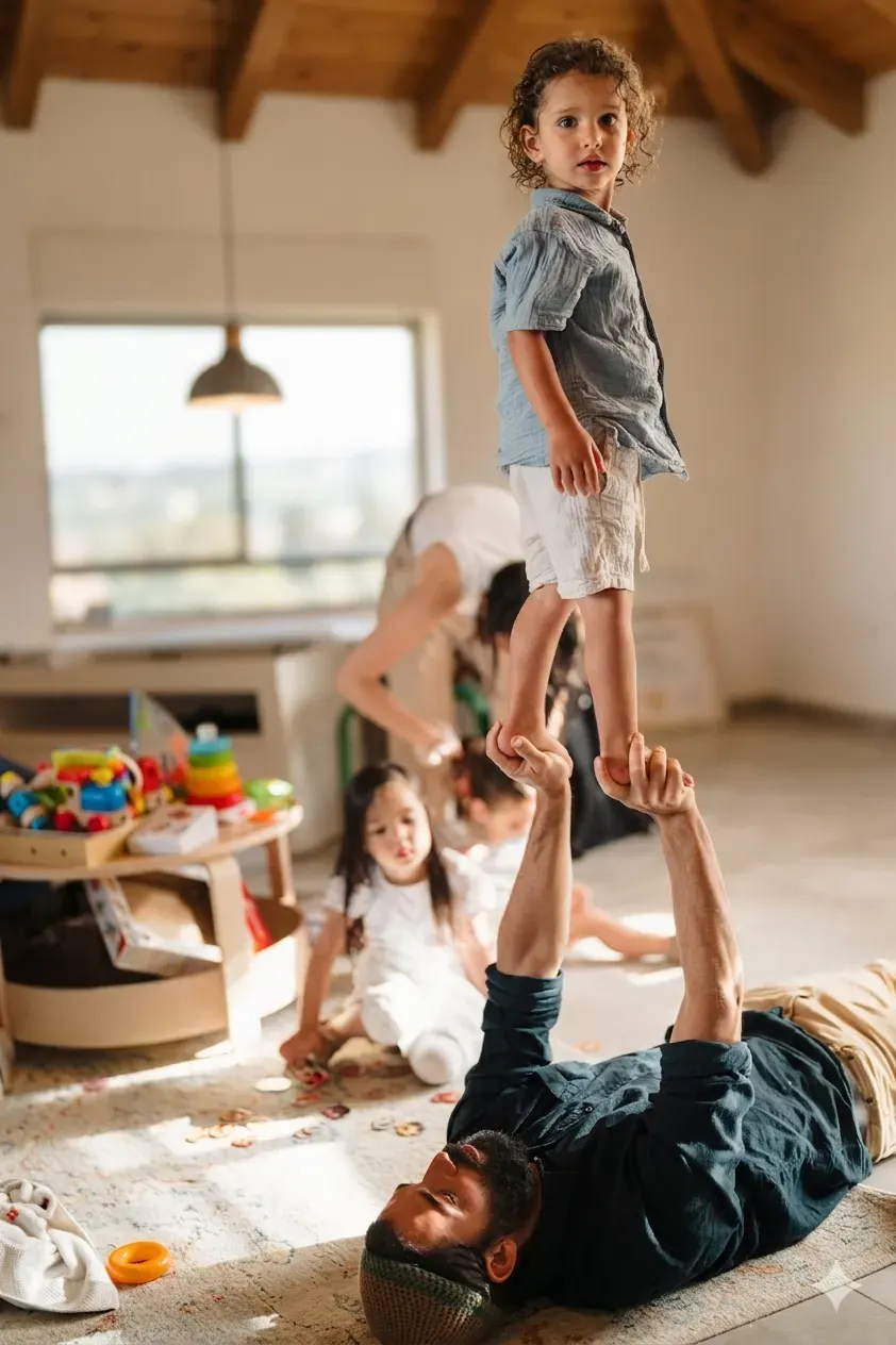 ילד עומד על כפות ידיו של אבא בסדנת אבות ובנים